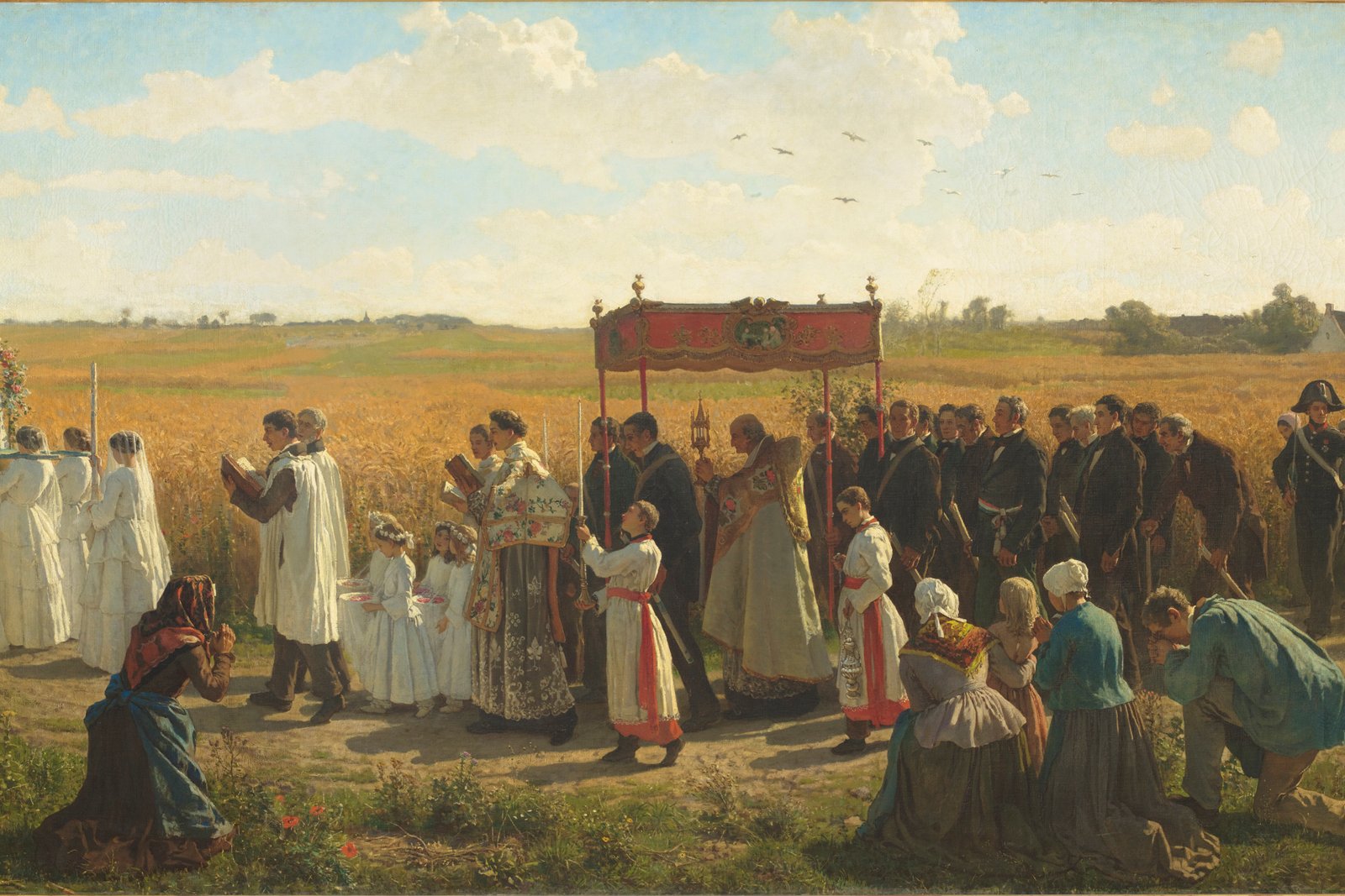 Un sacerdote bendice a unos campesinos arrodillados y un campo de trigo en un rito al aire libre, en la pintura rural del siglo XIX de Jules Breton sobre la bendición del trigo.