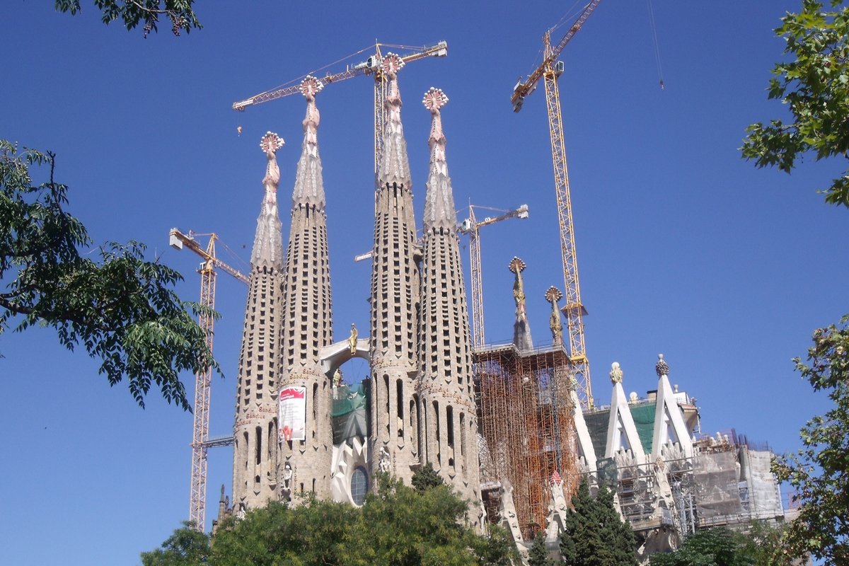 The spires of the Sagrada Familia basilica in Barcelona, still under construction, photographed in 2010