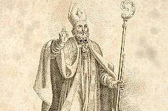 Un grabado retrato de principios del siglo XIX de un obispo medieval barbado con vestiduras, sosteniendo un libro, sobre un fondo oscuro liso.
