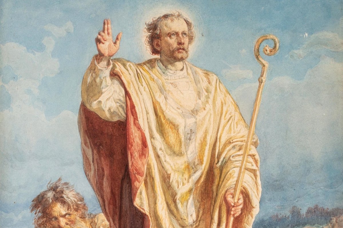 A watercolor painting of a haloed bishop standing in a boat, one hand raised in blessing and the other holding a crozier, with rough-looking oarsmen rowing him toward shore.