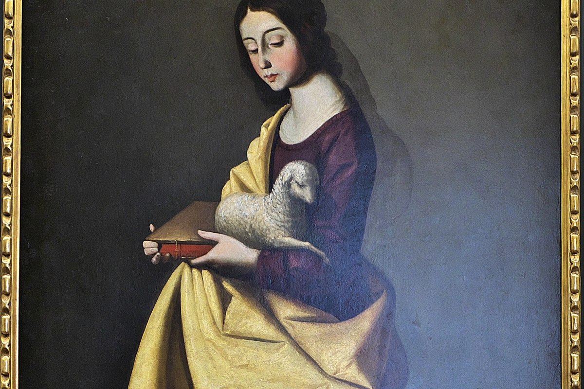 A painting of a young girl in a golden robe, gently cradling a small white lamb against her chest while holding a book.