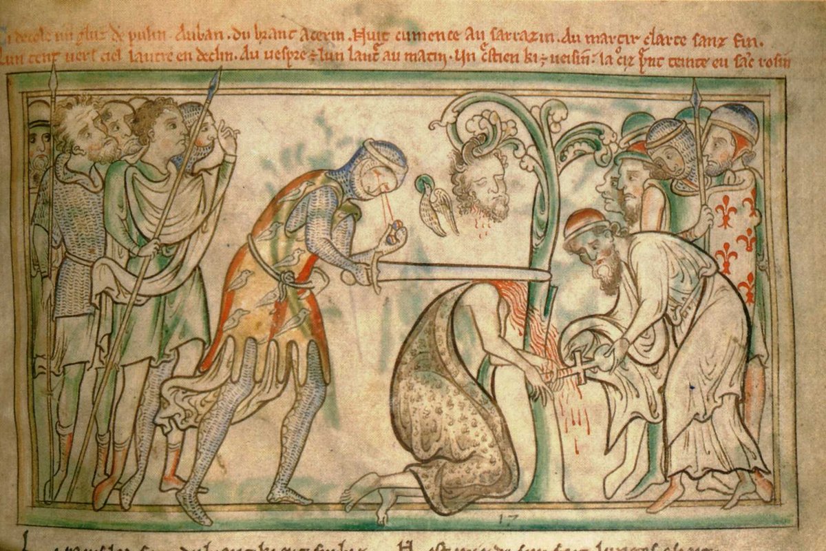 A robed man kneels in prayer at the foot of an executioner's block, watched by soldiers, in a medieval illuminated manuscript scene of a martyrdom.