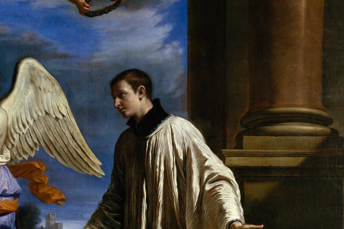 A young Jesuit novice in a white surplice stands beside an angel with outstretched wings near a stone column, in a Baroque devotional painting.