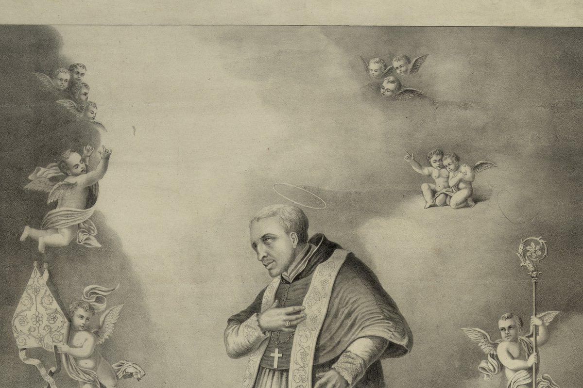 A monochrome devotional print of a haloed bishop-saint kneeling in prayer with hands crossed on his chest, surrounded by cherubs, one bearing a bishop's crozier.