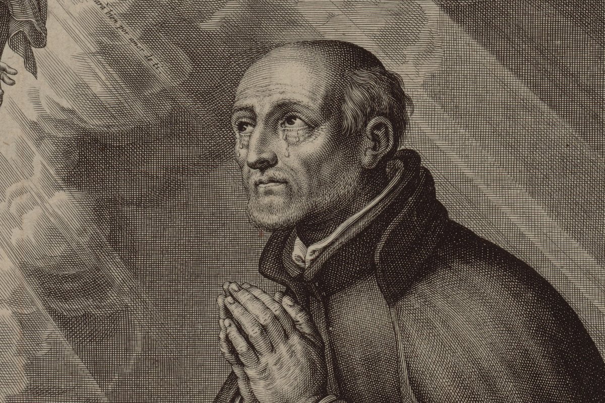 An engraving of an elderly, balding Jesuit brother kneeling in prayer with tears on his face, hands clasped, gazing up at a vision of the Virgin Mary holding the Christ Child in the clouds above him.