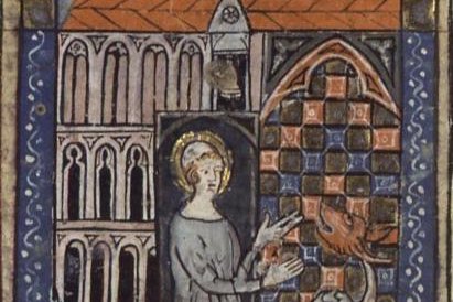 A medieval illuminated manuscript miniature of a bishop-saint in gold and blue robes, holding a book, from a 14th-century French chronicle.