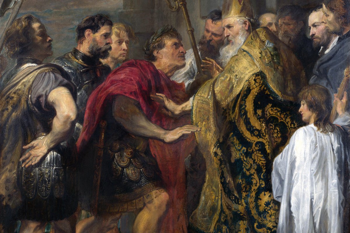 A bishop in gold-and-black vestments and a jeweled mitre blocking a Roman emperor in a red cloak from entering a cathedral, surrounded by soldiers and clergy.