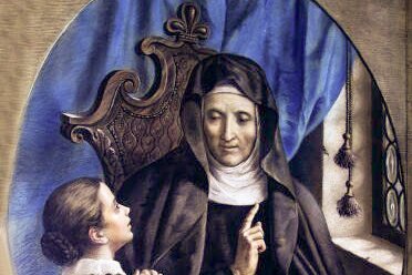 Devotional portrait of Saint Angela Merici seated and teaching a young girl, who looks up at her with hands joined in prayer.