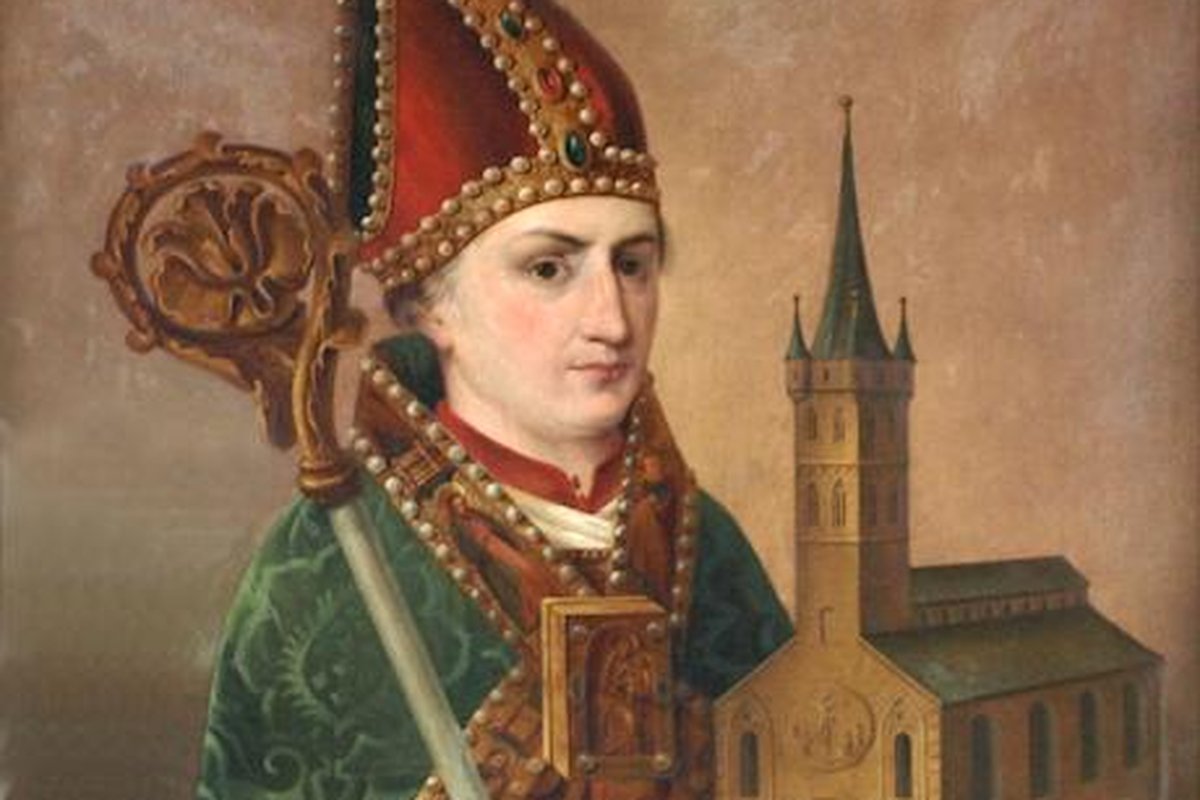 A painting of a bishop saint wearing a jeweled mitre and holding a crozier in one hand and a model of a church in the other.