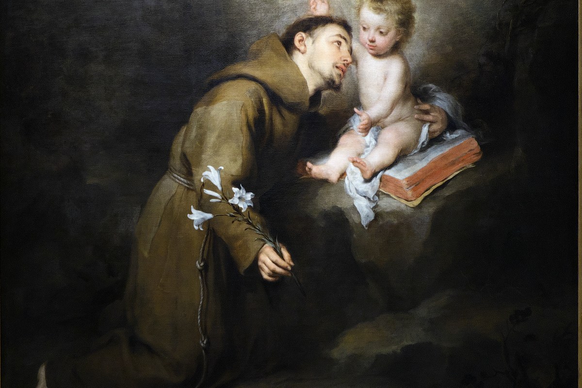Gemälde des heiligen Antonius von Padua, kniend in Anbetung vor dem Christuskind, eine weiße Lilie haltend, mit Putten darüber.