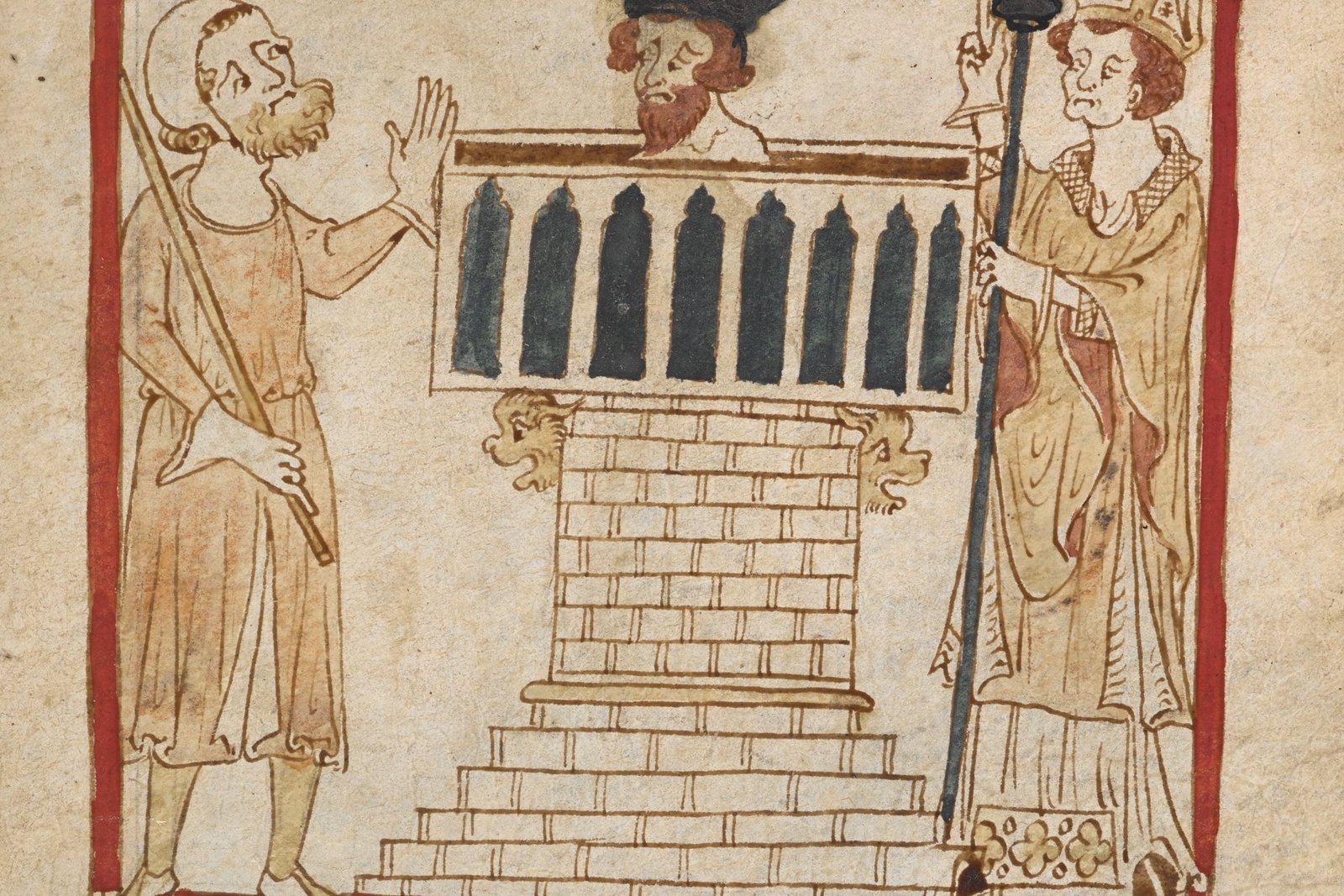 A medieval illuminated manuscript miniature showing King Ethelbert of Kent being baptized at a font by Saint Augustine of Canterbury, who stands at right in a bishop's mitre.