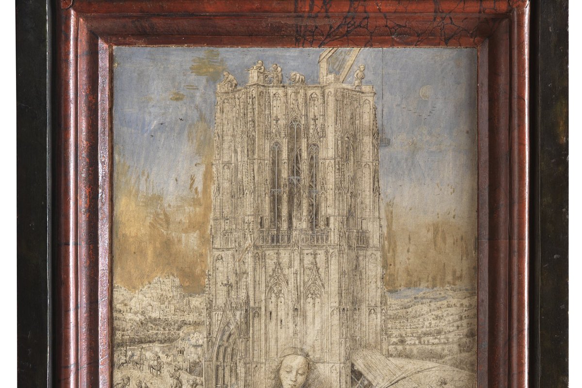 Saint Barbara seated before the tower of her martyrdom, drawing by Jan van Eyck