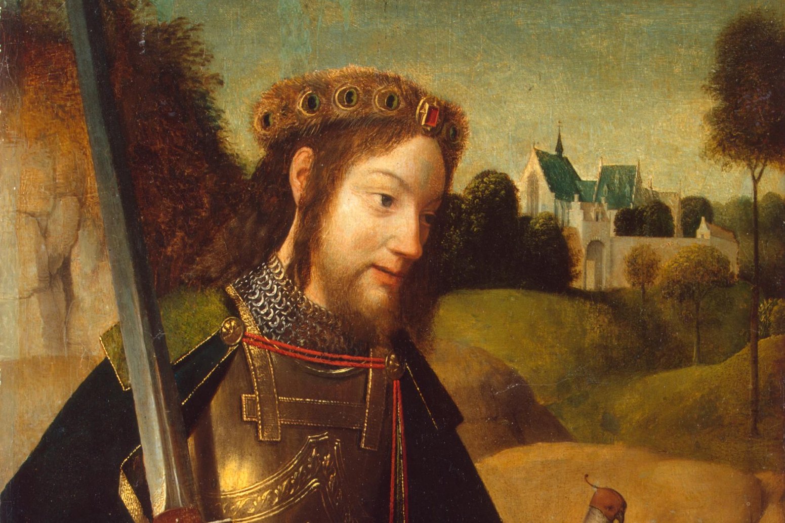 Una pintura tardomedieval de un noble ricamente vestido, arrodillado en confesión ante un abad con vestiduras, con un ángel y espectadores cerca.