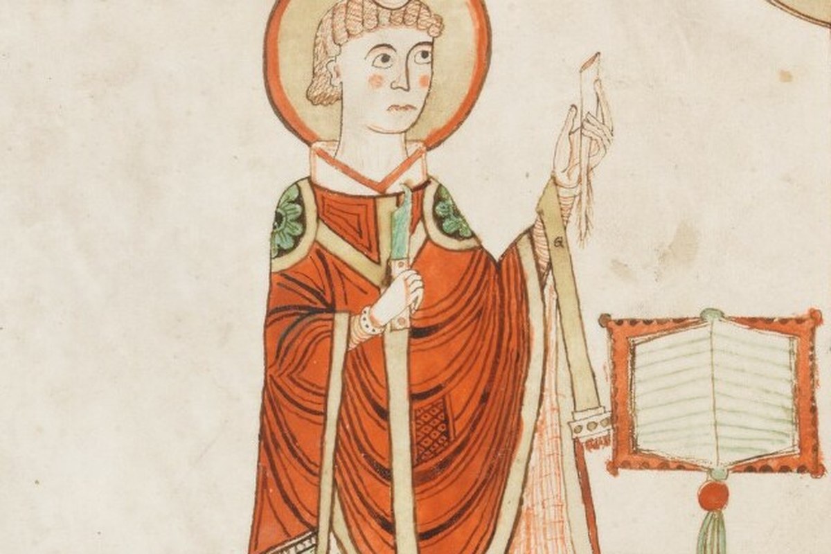 A medieval illuminated manuscript depicting a robed, haloed figure holding a book and staff, painted in red and gold tones.