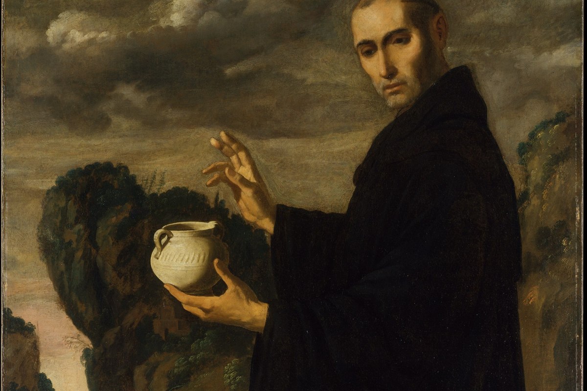 A dark, contemplative portrait of a monk in black robes holding a small jug, with a rocky landscape in the background.