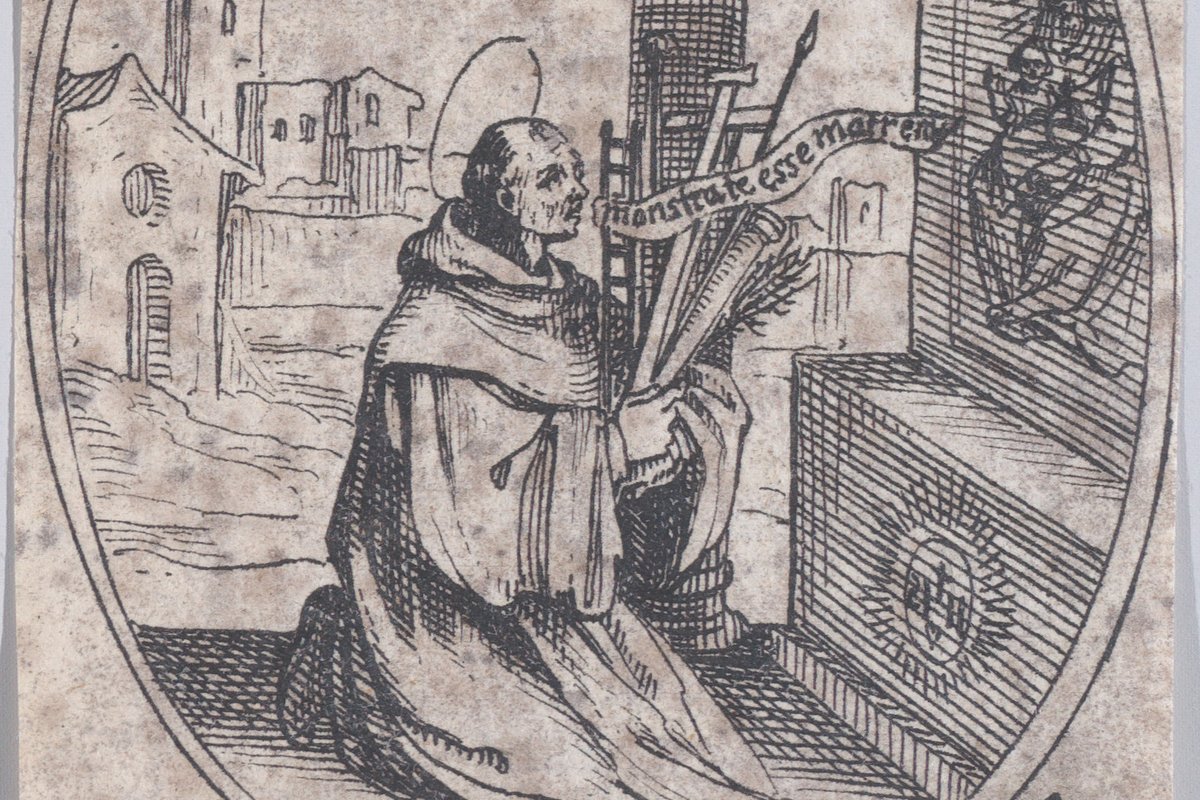 An oval engraving of a haloed, tonsured abbot kneeling before a column hung with a cross and instruments, holding a banner inscribed with a Latin prayer, a walled town visible behind him.