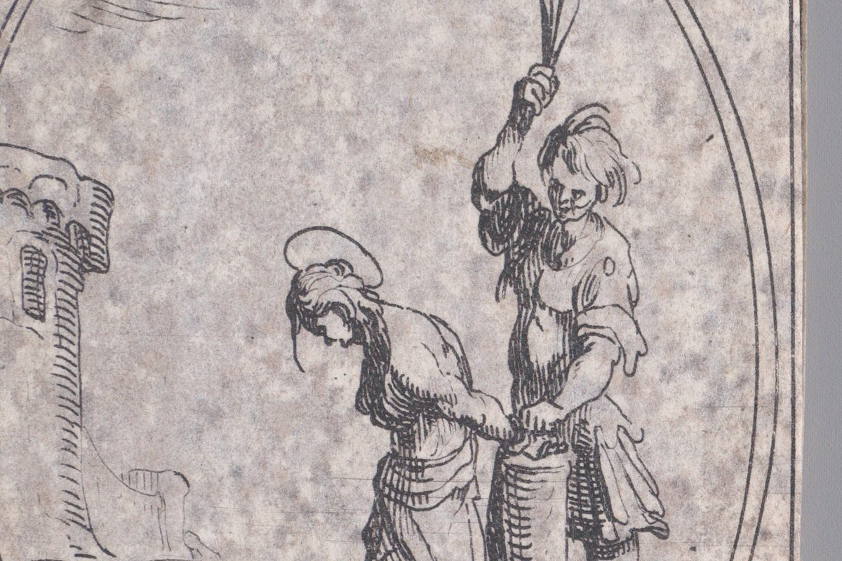 A haloed woman bound to a pillar is scourged by a man raising a whip overhead, in a 17th-century engraving of her martyrdom.