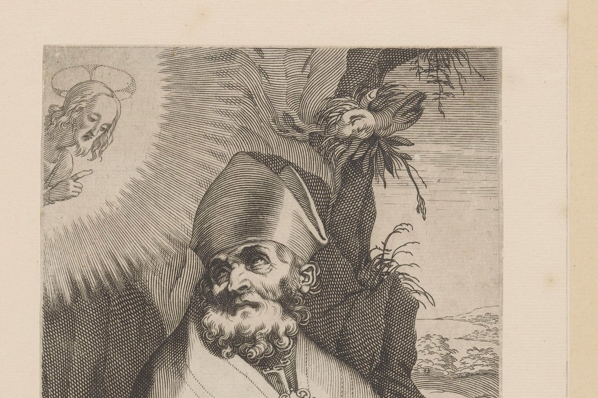 A bearded bishop wearing a mitre gazes upward toward a haloed vision of Christ, holding wool-combs, in a 16th-century engraving.