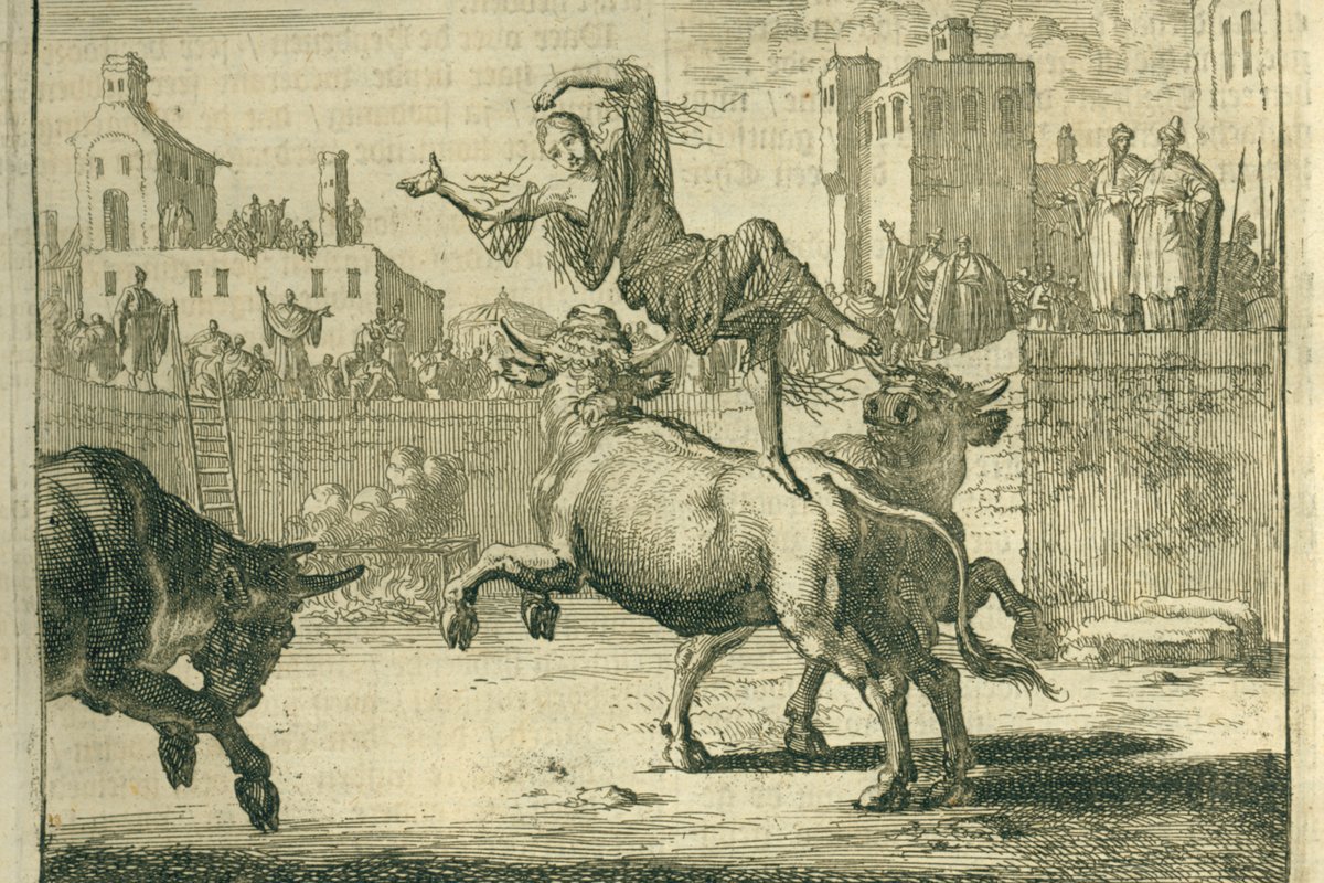 An 18th-century engraving of Blandina being thrown upward by a bull in the Lyon arena as another bull charges nearby and crowds and officials watch from the amphitheater walls.