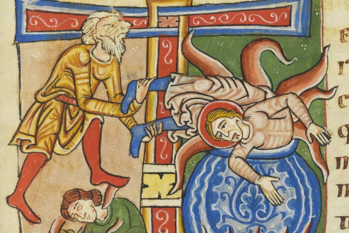 A medieval illuminated manuscript miniature showing a bound figure being tortured beside a cross while a winged devil looms above and flames burn below, illustrating the legendary Passion of Saint Boniface of Tarsus.