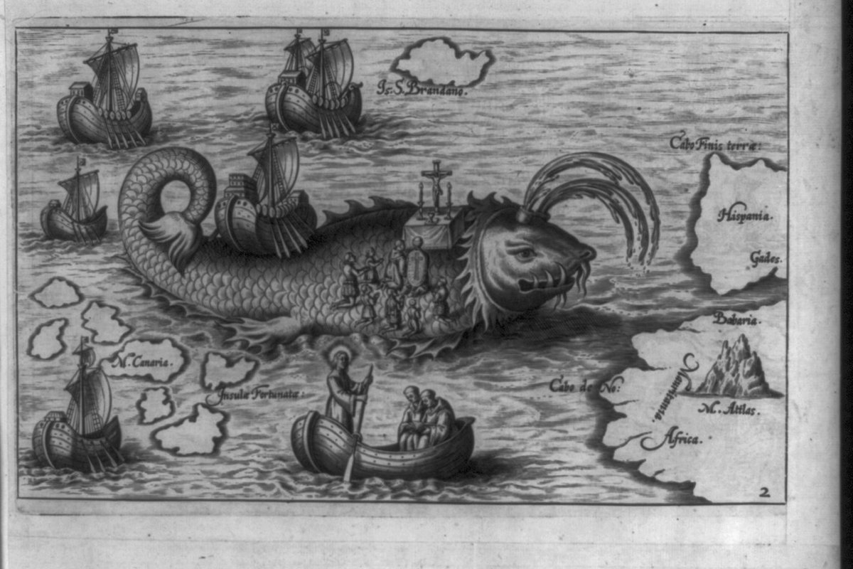 A 17th-century engraving of a huge sea monster with masted ships anchored along its scaly back and monks gathered around a small shipboard altar and cross, while a haloed figure and companions look on from a rowboat below.