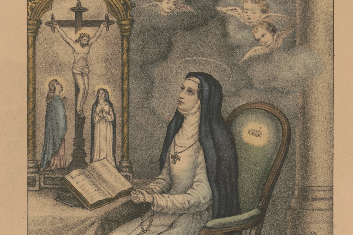 A hand-colored 19th-century lithograph of a nun in white and black habit kneeling in prayer with a rosary before a crucifix altar, angels appearing in clouds above her.