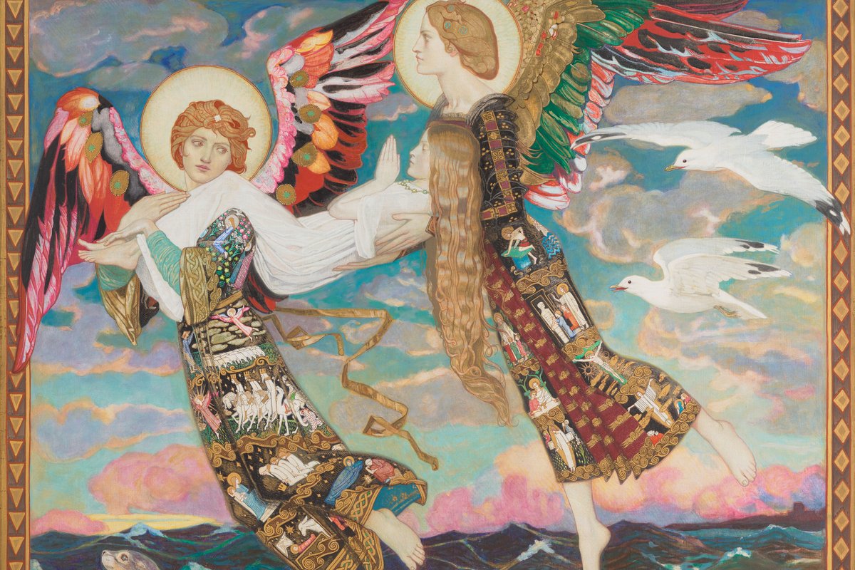 A richly patterned Celtic Revival painting of two haloed angels carrying Saint Bride (Brigid) in white robes over a wave-tossed sea, with seagulls and a seal below.