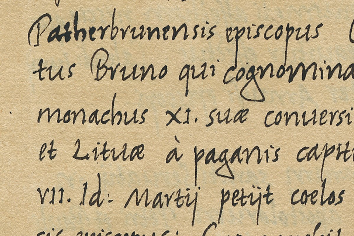 A close-up detail of a medieval Latin manuscript page recording, in a monastery chronicle, the 1009 martyrdom of Bruno on the border of Rus and Lithuania.