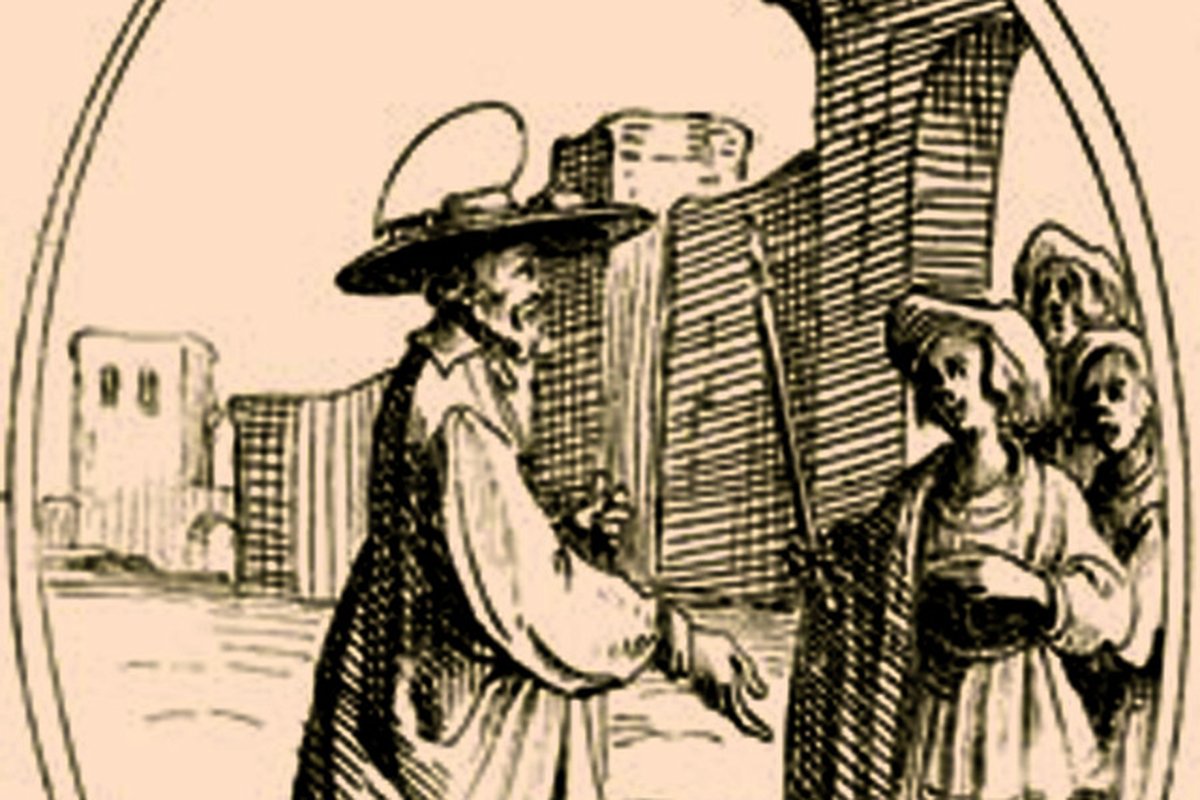A 19th-century engraving of a bishop saint gesturing toward a group of women religious gathered near a monastic building, illustrating his founding of a convent under his sister's leadership.