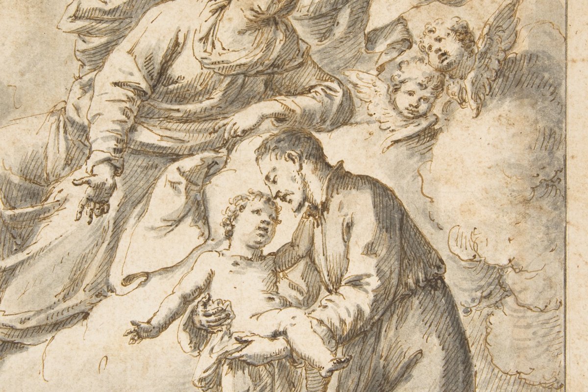 A pen-and-wash drawing of a bearded, kneeling priest tenderly holding the infant Jesus, who reaches toward him, while the Virgin Mary and two cherubs look on from clouds above.