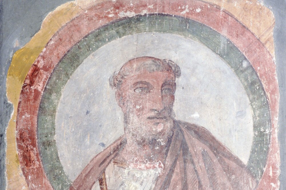An ancient fresco medallion portrait of Pope Callistus I.