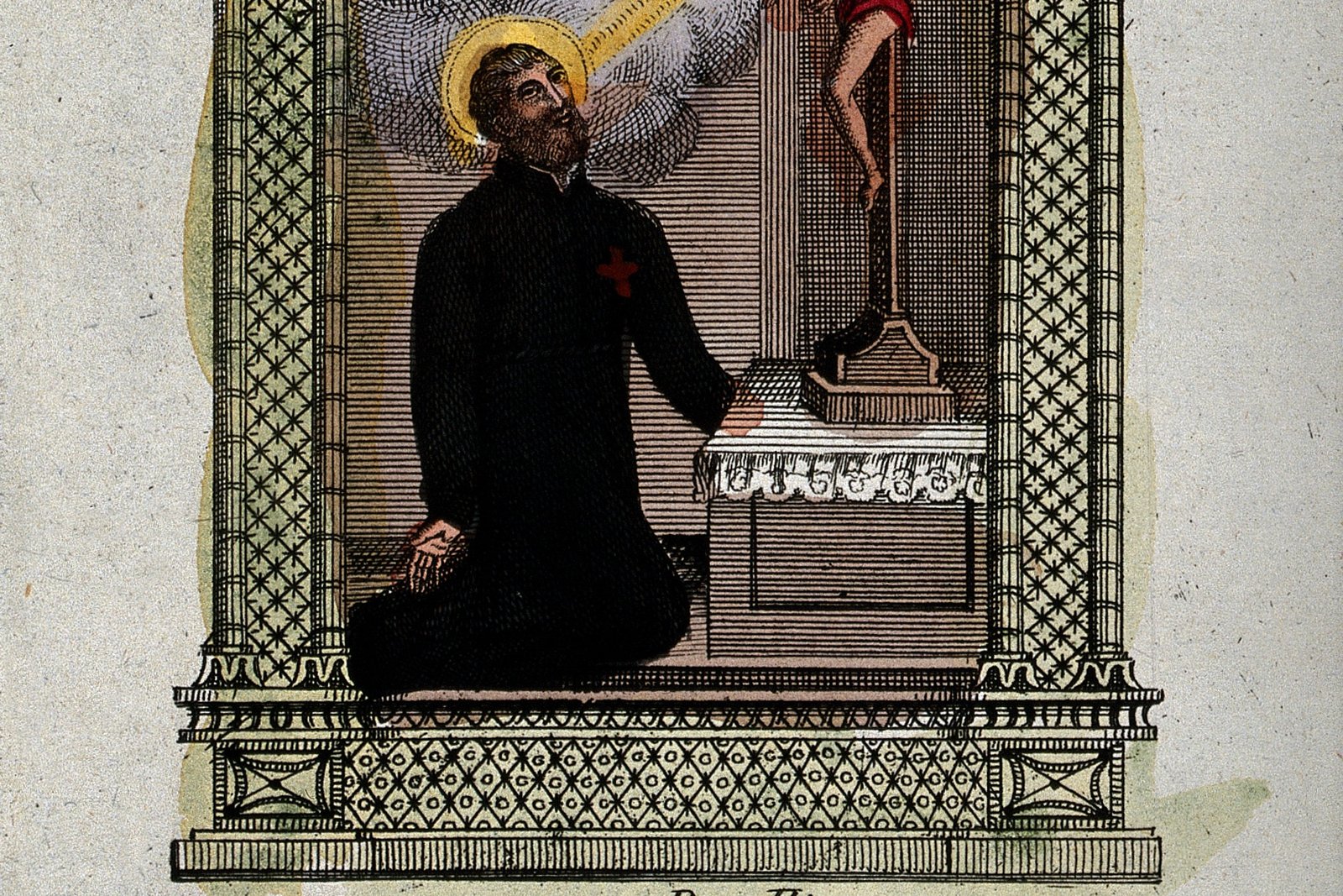 A hand-colored devotional print of Saint Camillus de Lellis kneeling in prayer before an altar, wearing his black cassock with the red cross of his order, gazing upward toward a shaft of divine light.