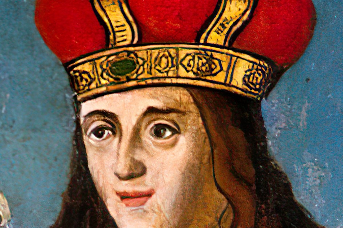 A close-up devotional portrait of a young, wide-eyed prince wearing a jeweled red-and-gold crown, from a traditional 16th-century painting of Saint Casimir.