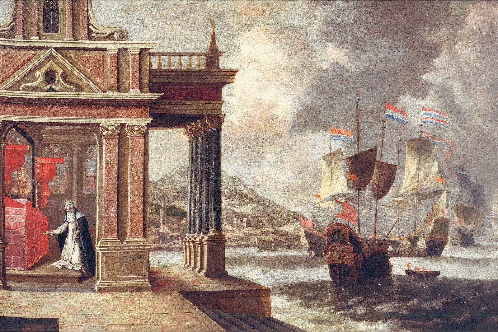 Dipinto storico raffigurante una processione religiosa e l'imbarco di una flotta, associato all'immaginario devozionale legato a Caterina de' Ricci.