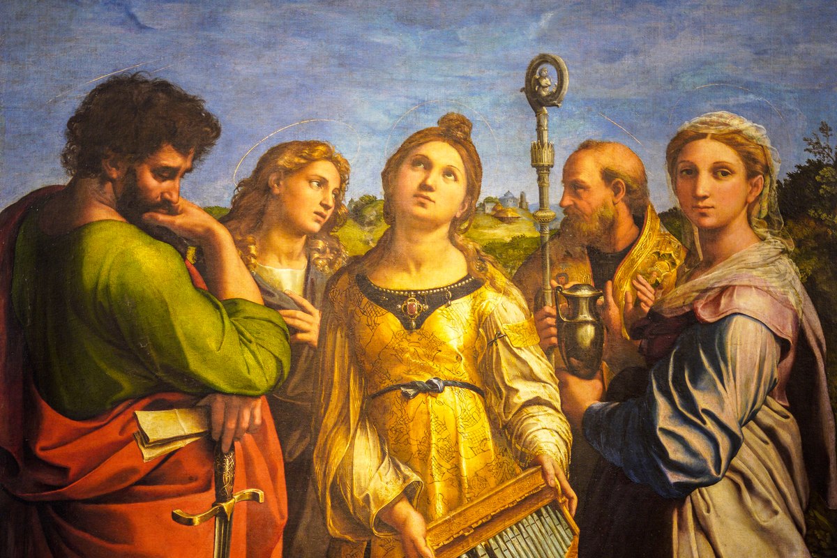 A portrait of a young woman in Roman-era dress, seated beside an organ, with a serene, listening expression.