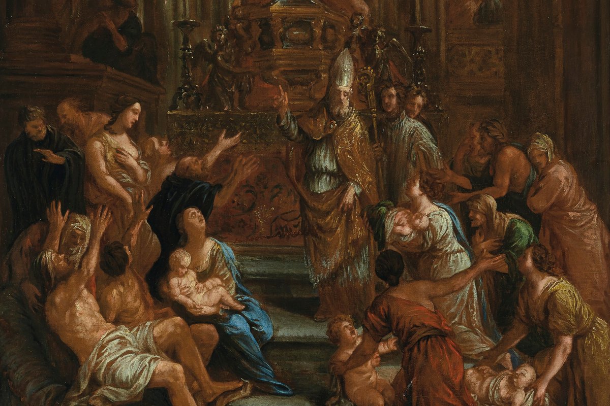 A bishop in gold vestments and a mitre blessing a crowd of plague-stricken mothers, children, and the sick gathered before an ornate altar.