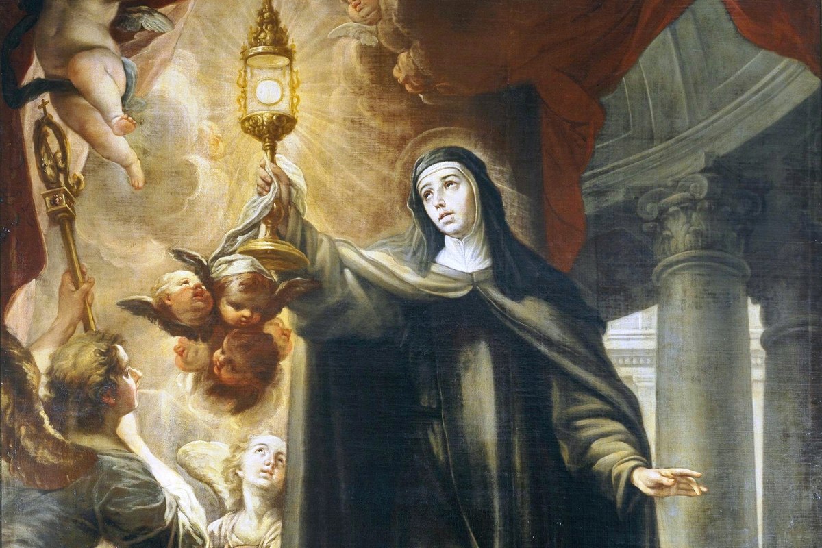 A Baroque painting of a nun in dark habit raising a golden monstrance toward the sky, surrounded by cherubs, with columns in the background.