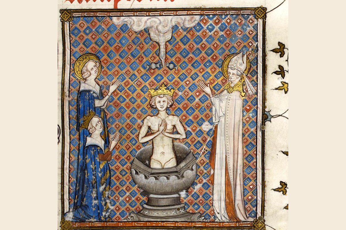A medieval illuminated manuscript miniature showing the baptism of Clovis in a stone font, flanked by a haloed Clotilde in blue and Saint Remigius in bishop's vestments, with the Holy Spirit descending as a dove.
