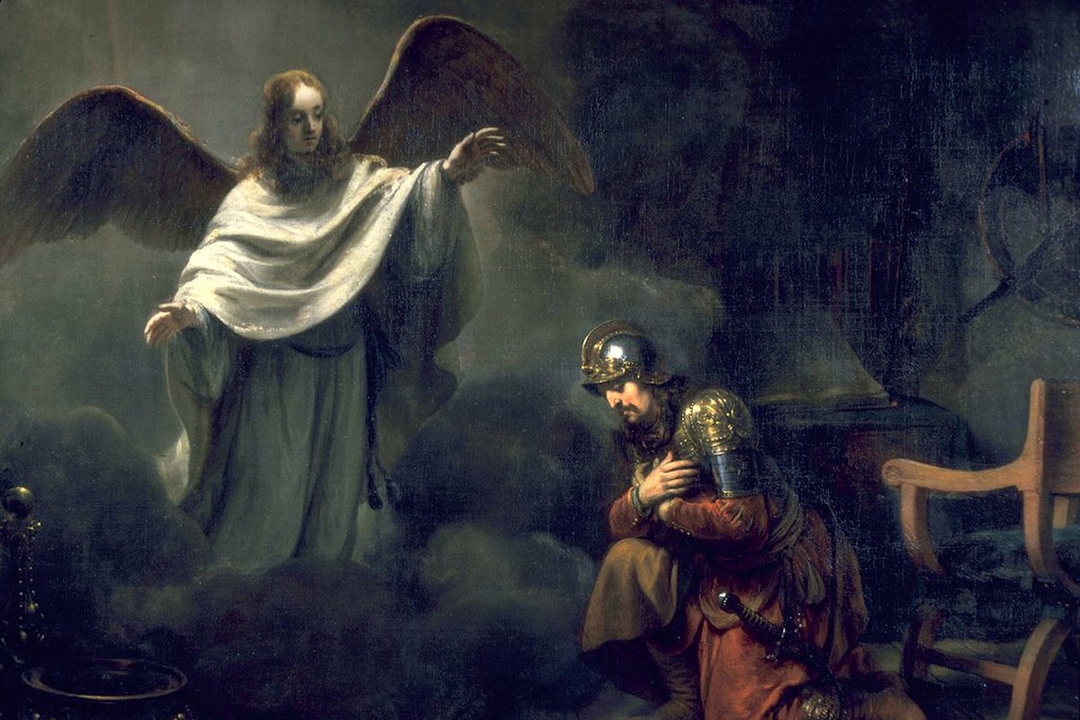 The Roman centurion Cornelius kneeling as an angel appears to him in a vision