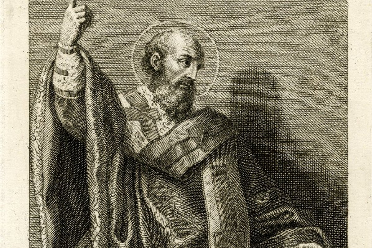 Ein Kupferstich aus dem 18. Jahrhundert, der den heiligen Cyrill von Jerusalem als bärtigen, mit Heiligenschein versehenen Bischof in prunkvollen liturgischen Gewändern zeigt, eine Hand erhoben, die andere hält ein aufgeschlagenes Buch.