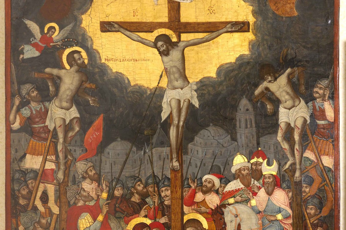 Icon of the Crucifixion showing Christ between the two thieves, including Saint Dismas the Good Thief
