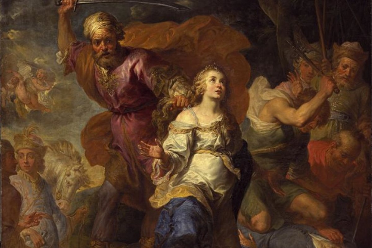 A devotional depiction of a young princess in medieval dress holding a sword, with a chained figure at her feet.
