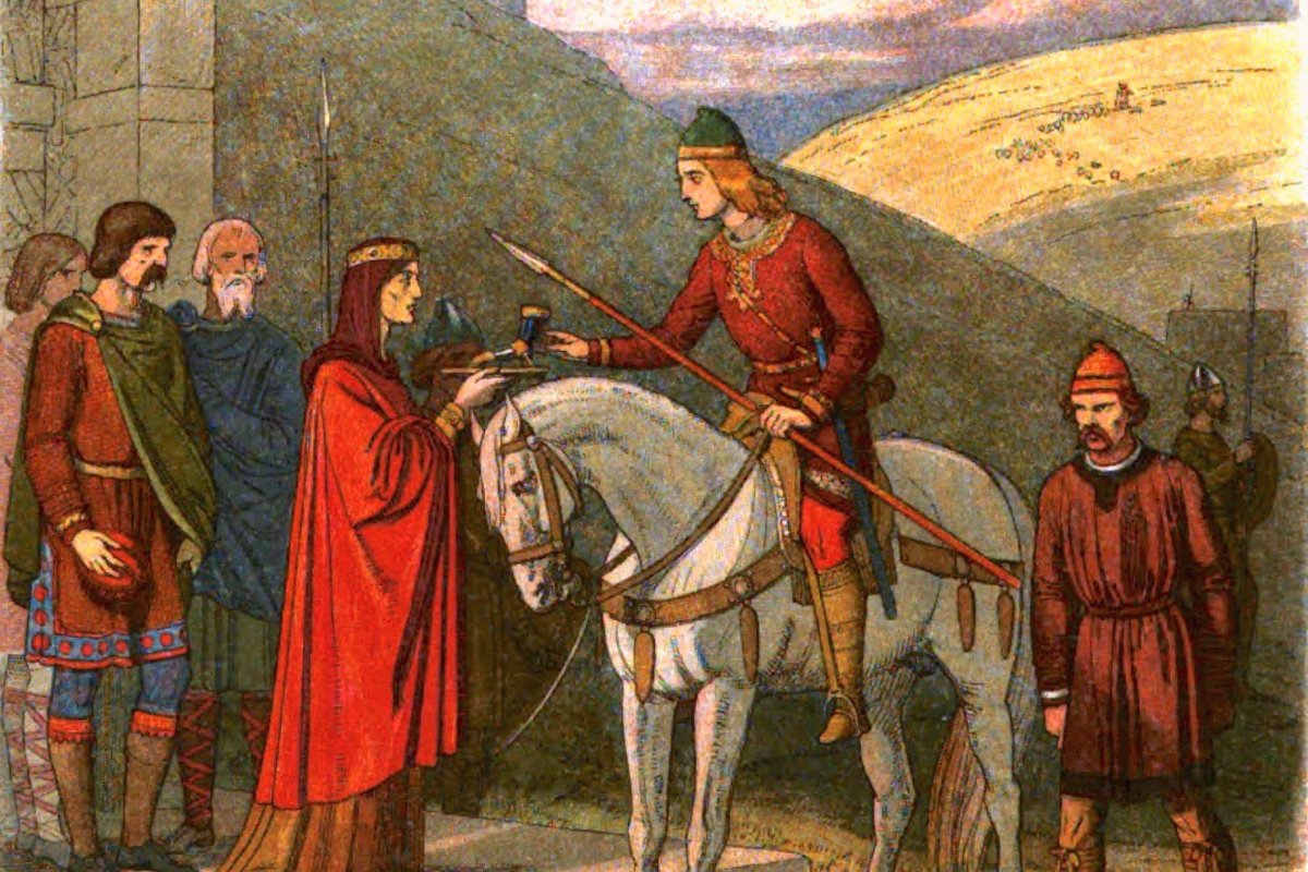 A 19th-century color illustration of a young mounted king in red being offered a cup by a woman in a red cloak at the gate of Corfe Castle, surrounded by attendants and guards.