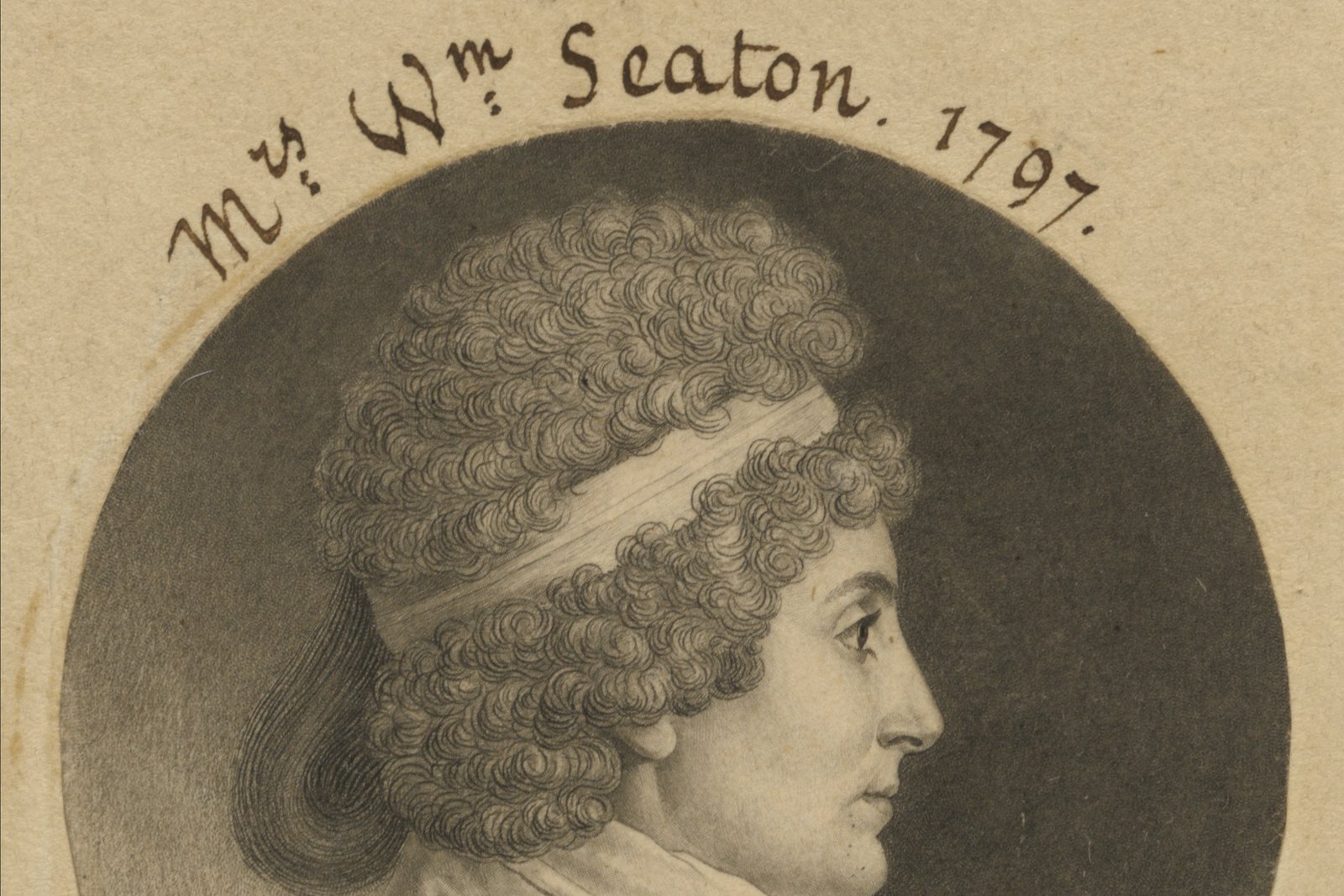 An engraved half-length portrait of Elizabeth Ann Seton in a plain bonnet and dark dress, facing left.