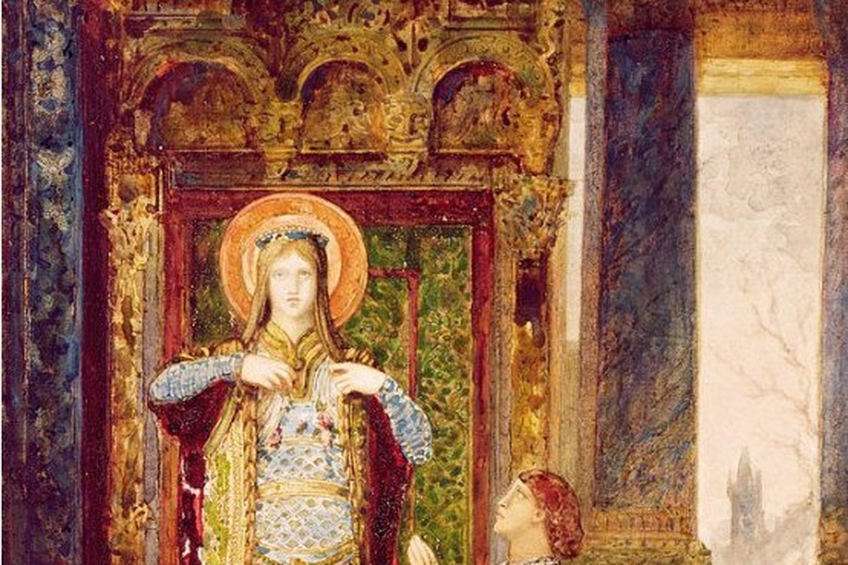 A portrait of a young medieval noblewoman in simple robes, holding a basket of bread and roses.