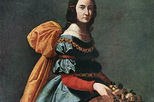 Saint Elizabeth of Portugal in royal dress holding roses, painting by Francisco de Zurbaran