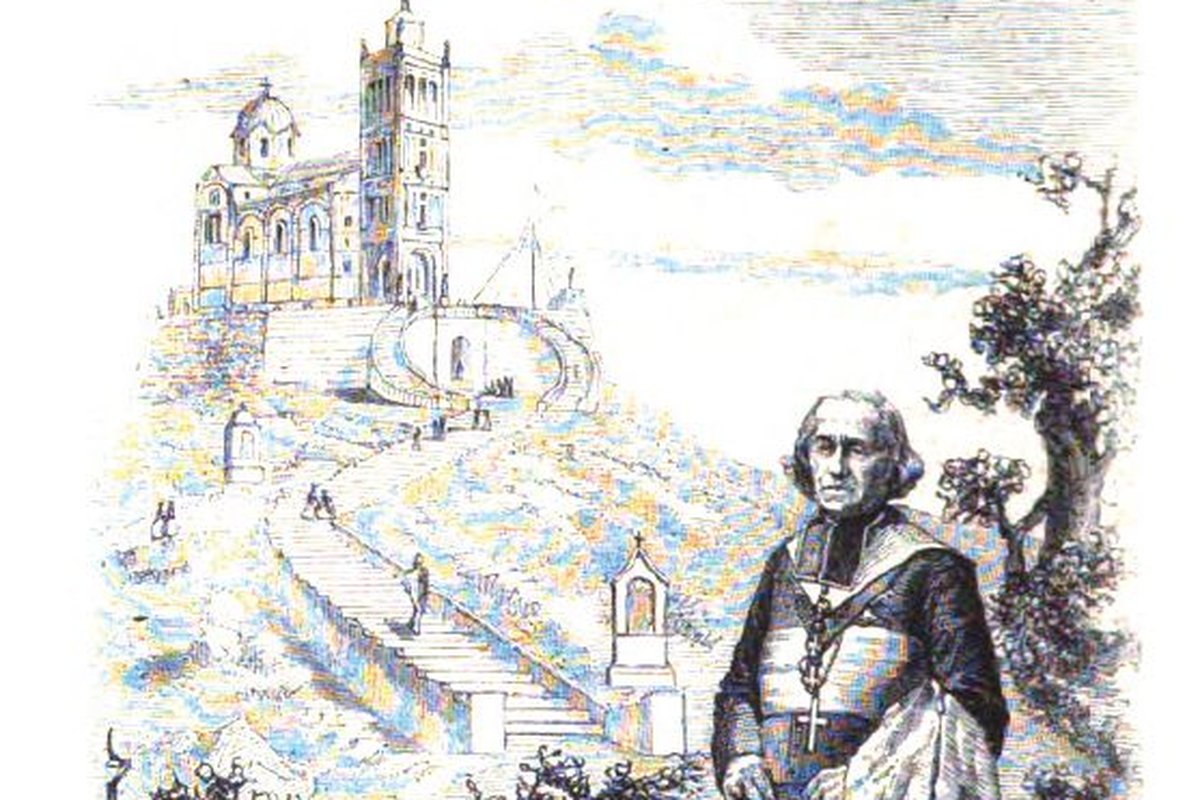 A hand-colored 19th-century engraving of Bishop Eugène de Mazenod in episcopal dress standing before the hillside basilica of Notre-Dame de la Garde in Marseille.