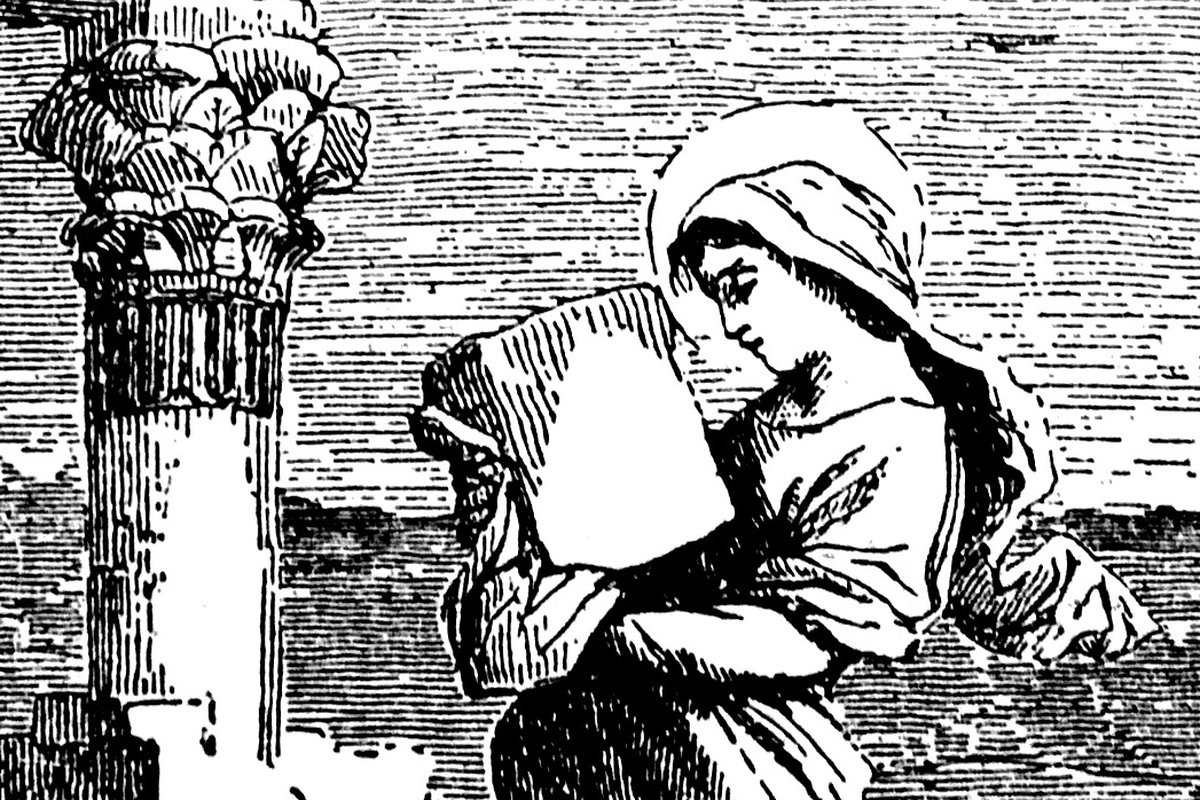 A 19th-century woodcut engraving of a young haloed woman reading a book beside an ancient ruined column, illustrating the life of Saint Euphrasia.