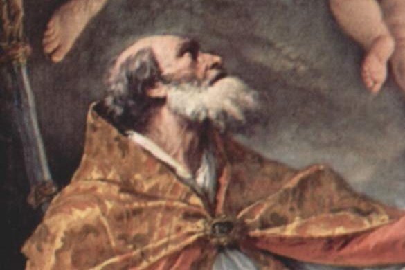 Detail of Saint Eusebius of Vercelli in bishop's cope, gazing upward, from an 18th-century altarpiece