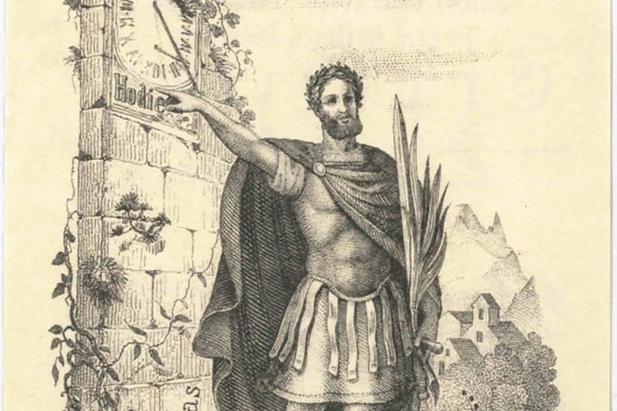 Saint Expeditus depicted as a Roman soldier holding a cross inscribed 'Hodie,' trampling a crow